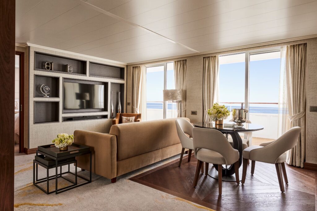 A spacious ocean-view suite on one of the luxurious Crystal Cruise ships.