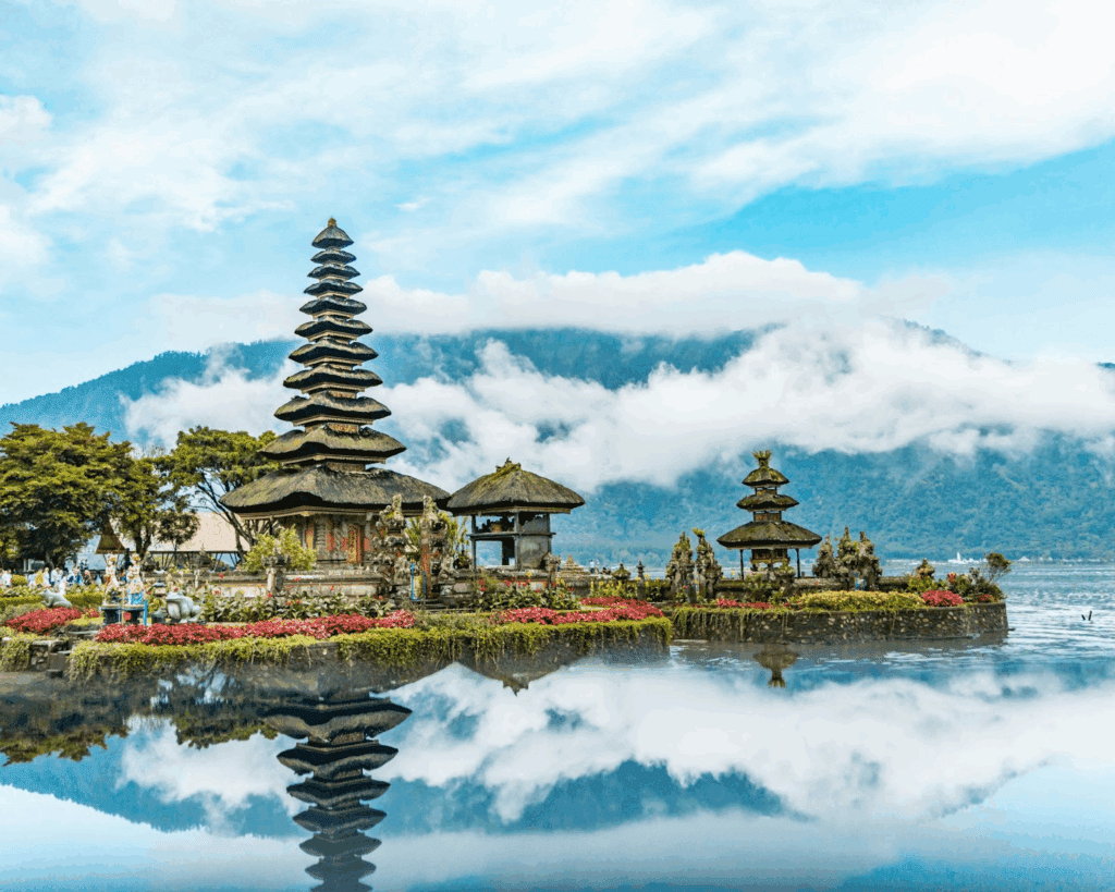 The picturesque Balinese Hindu temple standing amongst the beautiful mountain tops.